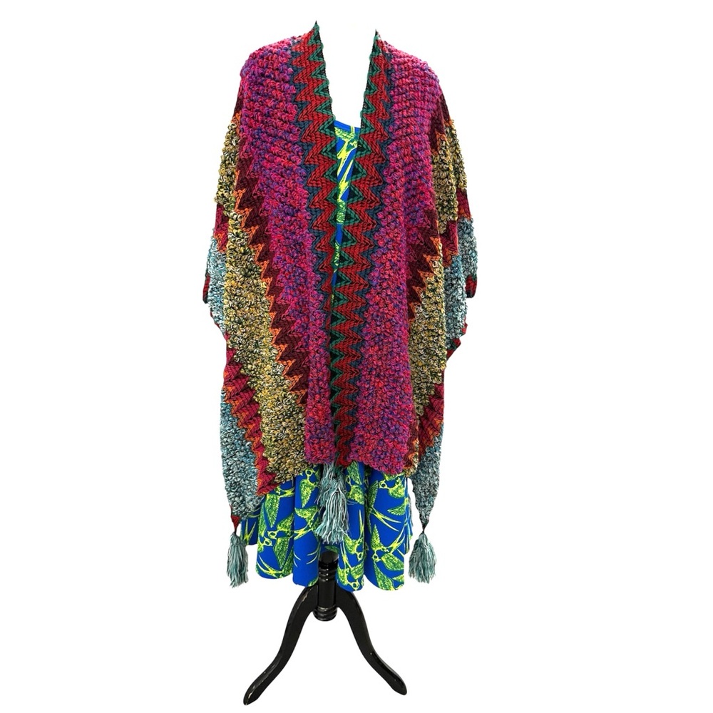 Multicolor Chunky Knit Women's Sweater Poncho w tassels, festival, beach